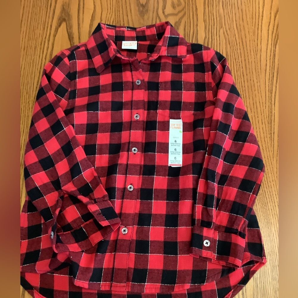 Jumping Beans Girls Long sleeves with buttons red & black Plaid Shirt Sz 6 New